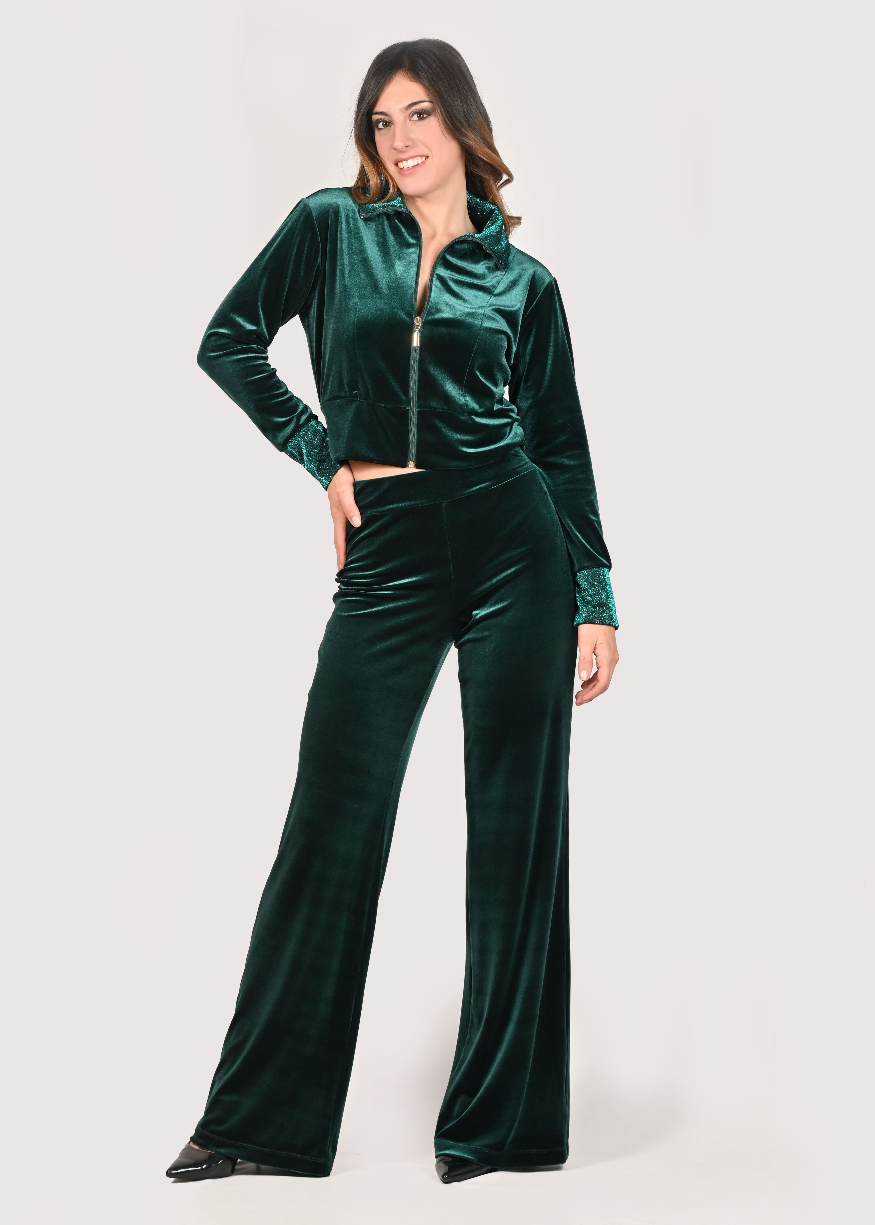 Green Velvet Crop Sweatshirt Tracksuit Women's Velvet Tracksuits
