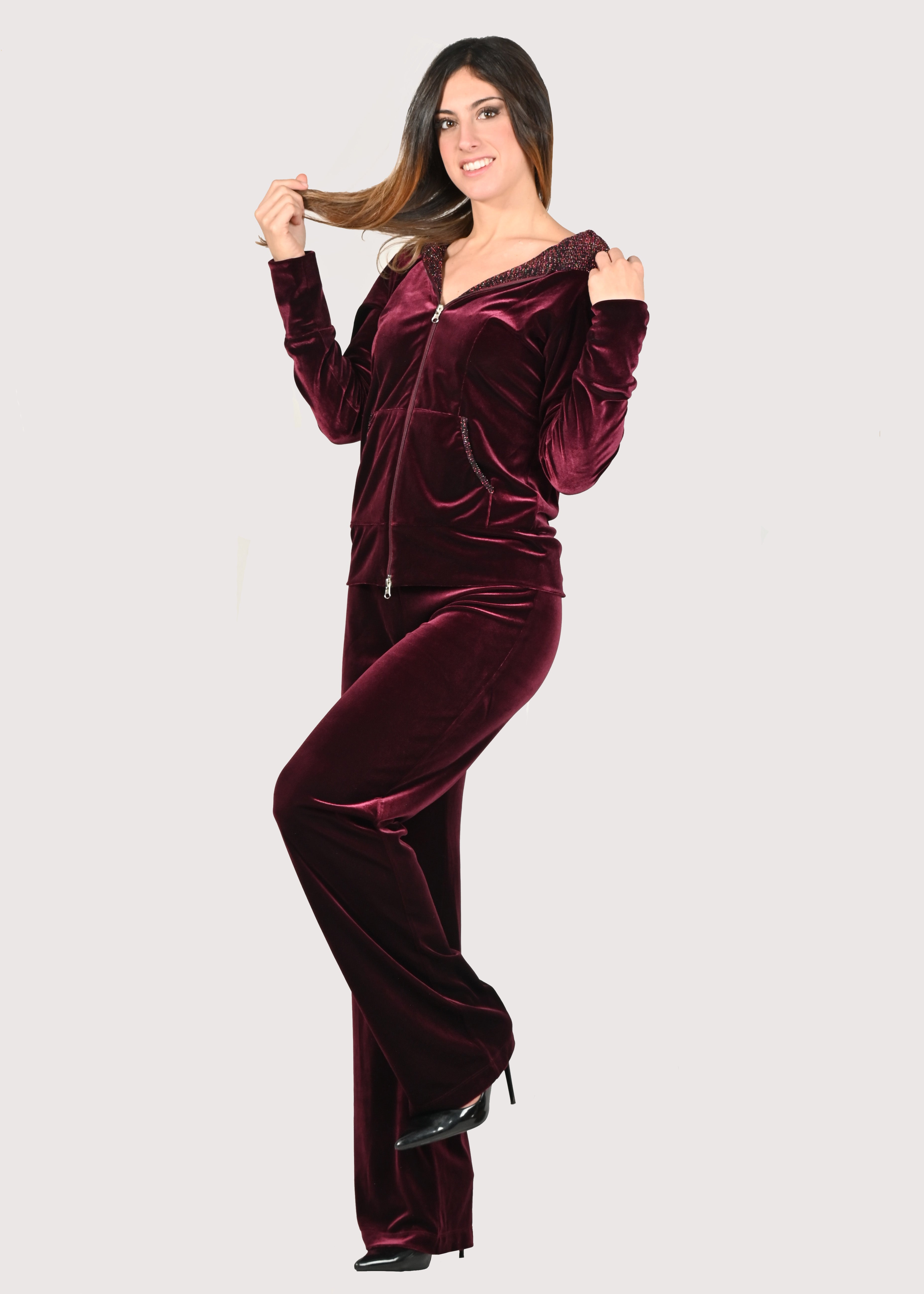 Tuta Felpa Donna In Velluto Con Cappuccio - Set 2 Pezzi Top E Pantaloni Jogger - Morbida E Comoda - Foto 2