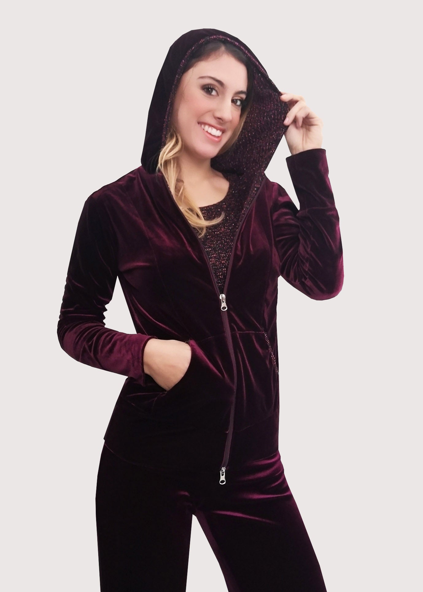 Completo Sportivo Invernale Tuta Sportiva Donna Woolicity In Velluto - Felpa Con Cappuccio E Pantaloni, Casual E Comoda Completo Sportivo Velluto - Foto 3