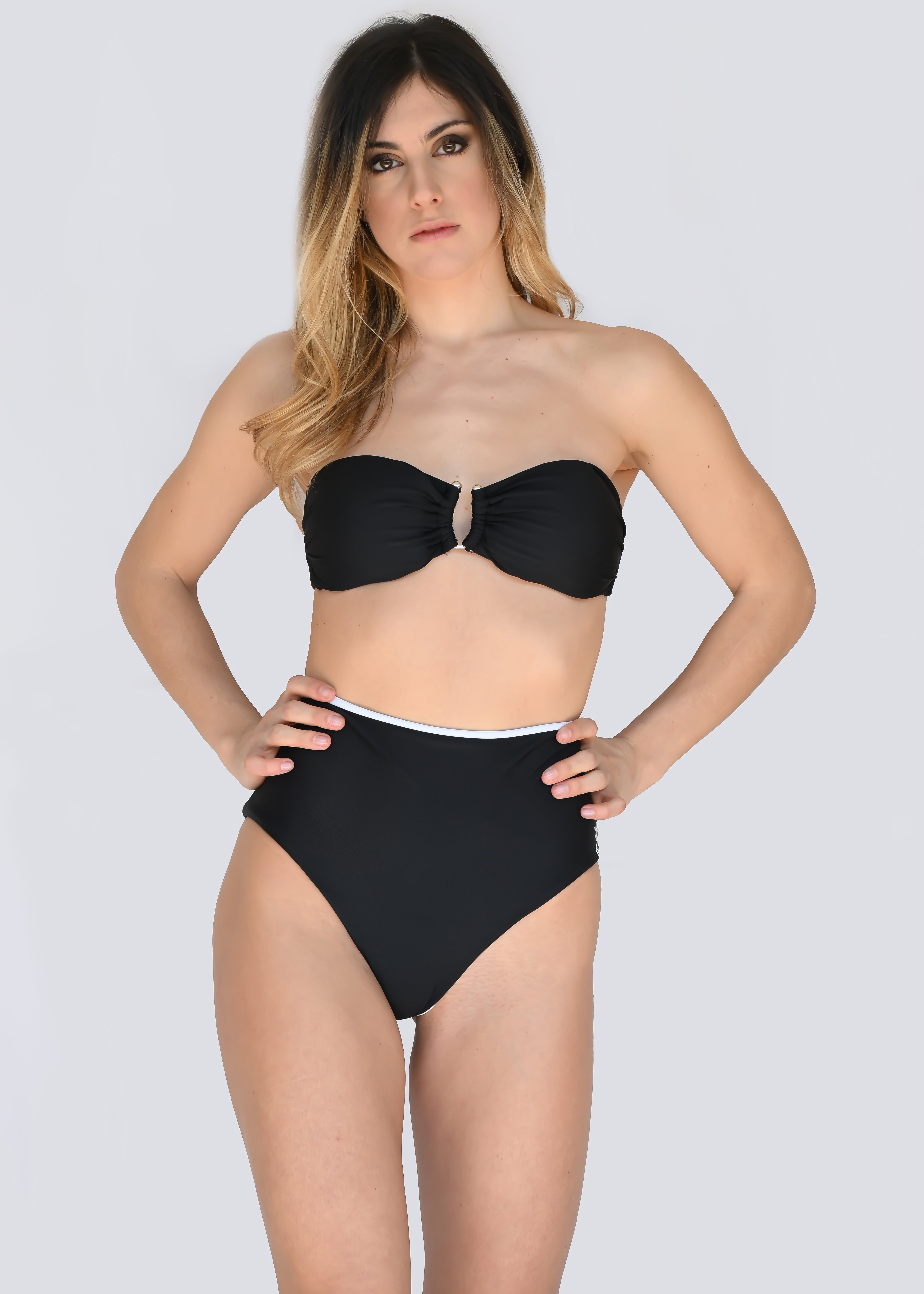Bikini Vita Alta Bianco e Nero Costumi Due Pezzi Vita Alta