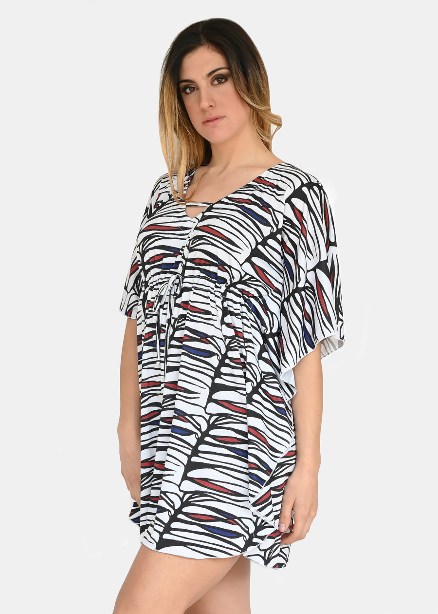 Mini abito estivo in maglina "Zebra Rossa", riporta uno dei tanti dipinti di Millyblu. Confortevole, fresco e morbido. Ha l'elastico in vita regolabile, scollo a V e cuciture laterali. Comodo per le lunghe giornate estive come copricostume o mini dress.